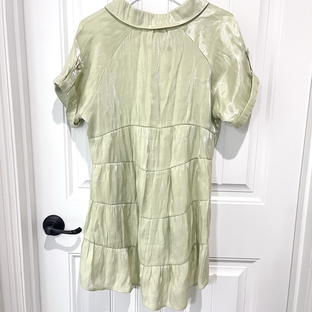 Umgee Green Shimmer Babydoll Shirt Tunic Button Up Tiered SM Fairy Boho Revival - Picture 3 of 7
